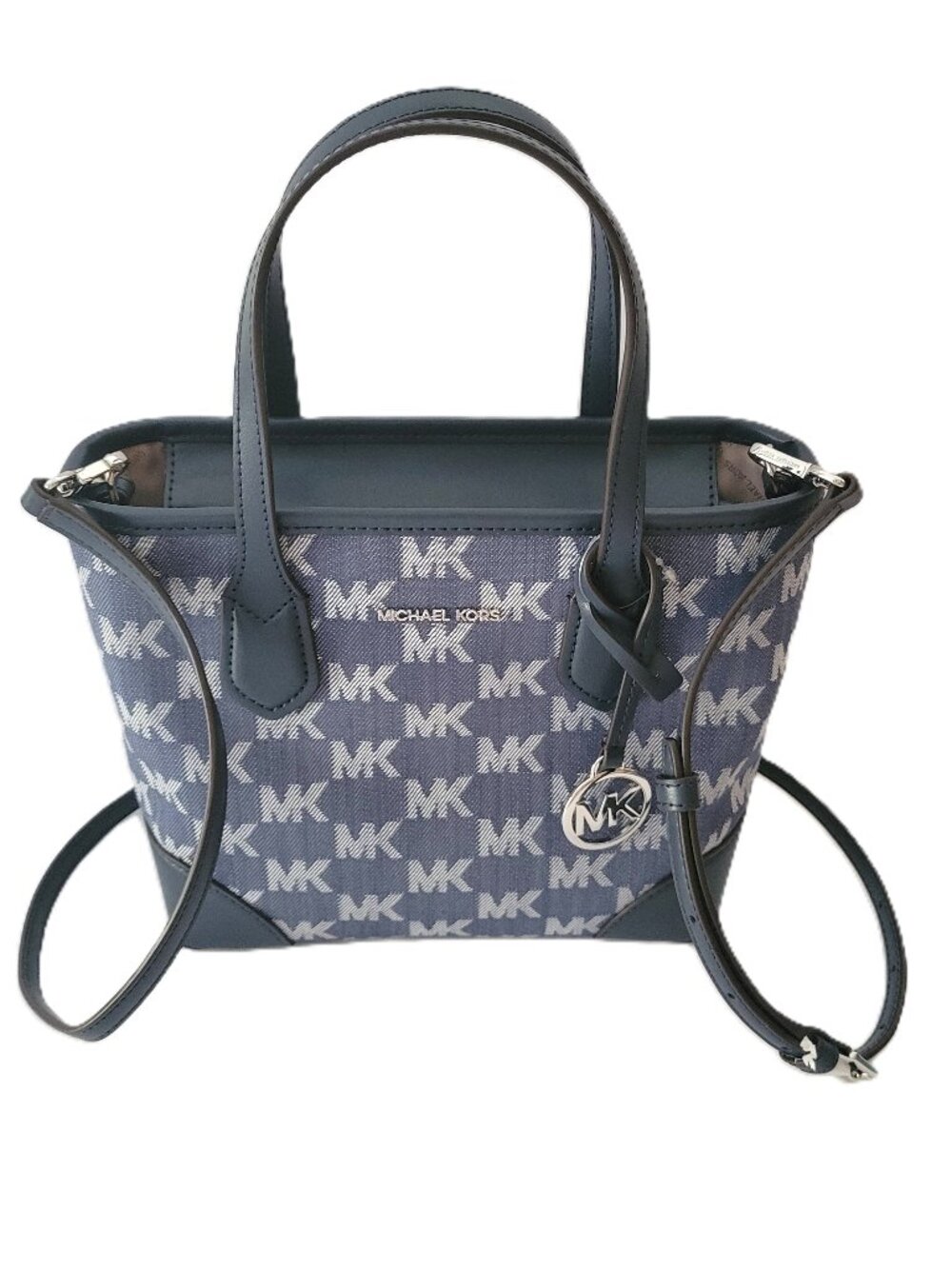 Michael Kors Eva XS Convertible Top Zip Tote Crossbody Handbag MK Jacquard Denim
